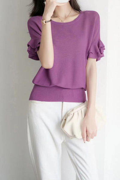 Round neck ruffled drop shoulder short sleeve knit T-shirt