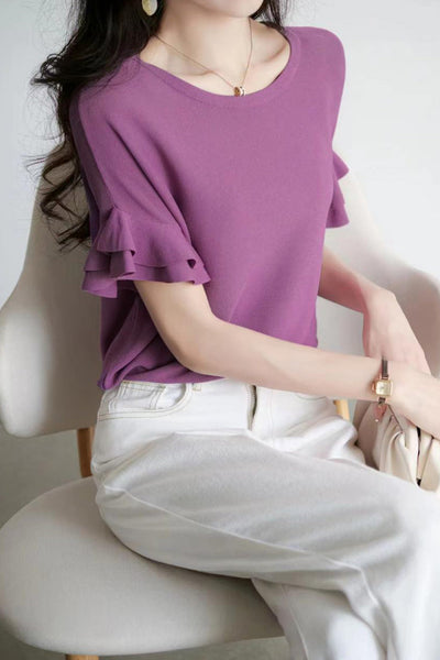 Round neck ruffled drop shoulder short sleeve knit T-shirt