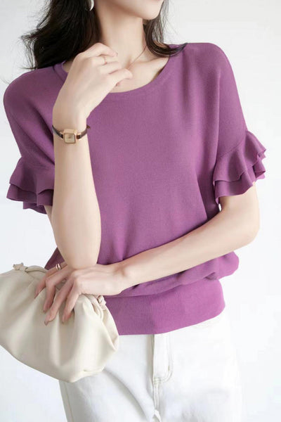 Round neck ruffled drop shoulder short sleeve knit T-shirt