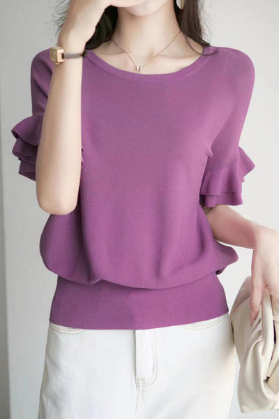 Round neck ruffled drop shoulder short sleeve knit T-shirt