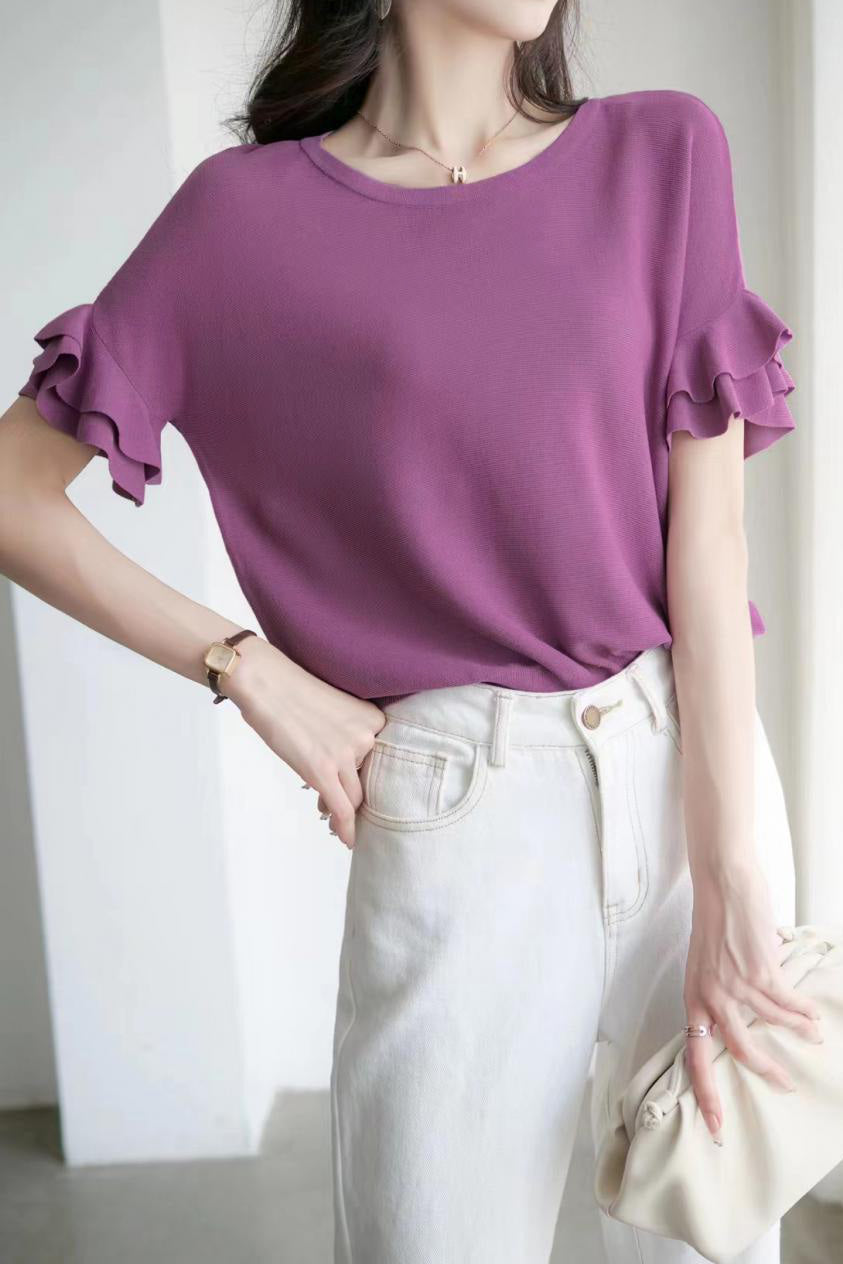 Round neck ruffled drop shoulder short sleeve knit T-shirt