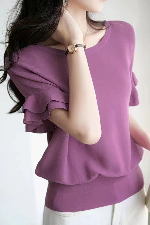 Round neck ruffled drop shoulder short sleeve knit T-shirt
