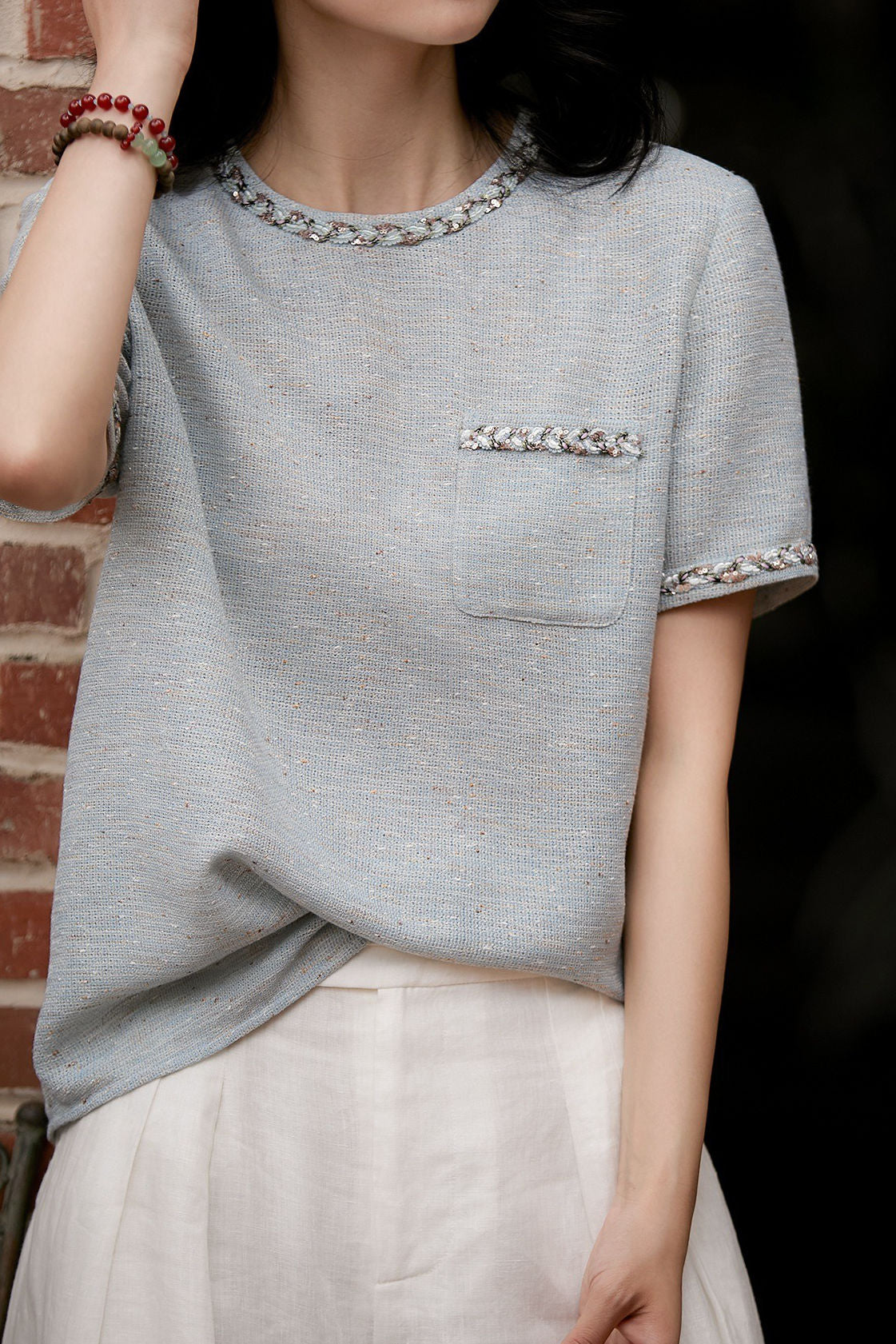 Sequin round neck short sleeve T-shirt