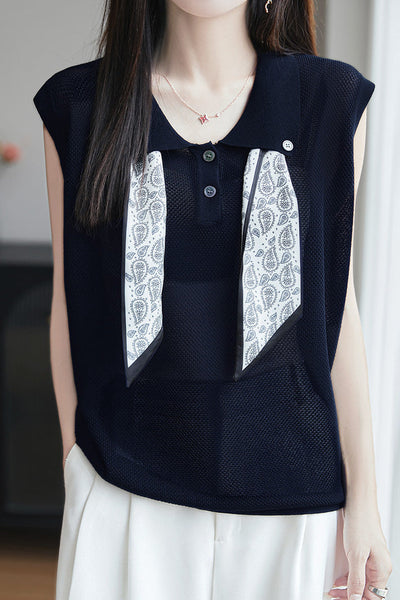 Collared scarf half-button sleeveless knit T-shirt