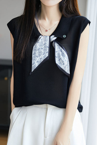 Collared scarf half-button sleeveless knit T-shirt