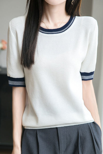 Ice silk color-blocked pullover knit top