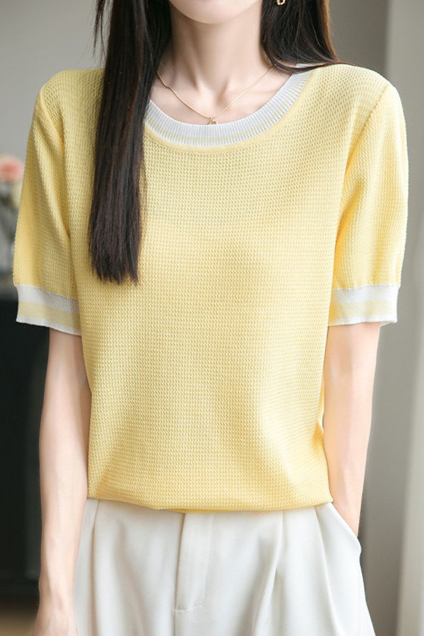 Ice silk color-blocked pullover knit top