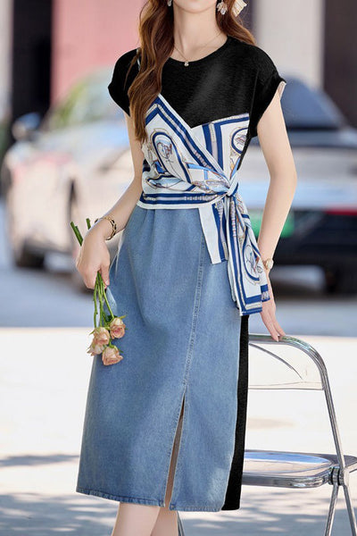 Trendy denim print patchwork dress