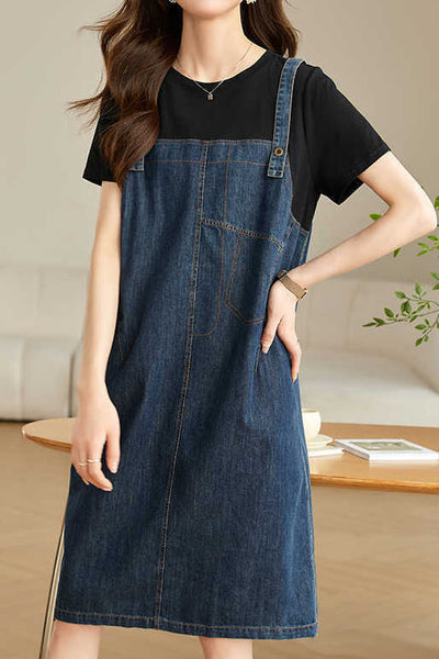 Casual Denim Dress with Faux Two-Piece Design