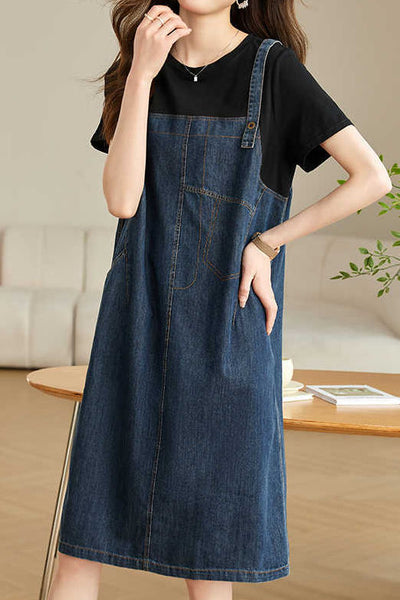 Casual Denim Dress with Faux Two-Piece Design