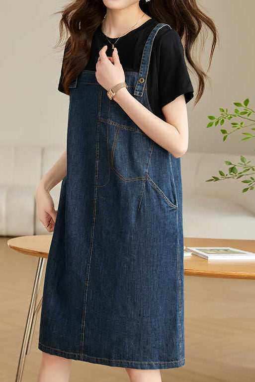 Casual Denim Dress with Faux Two-Piece Design