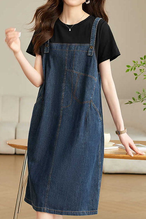 Casual Denim Dress with Faux Two-Piece Design