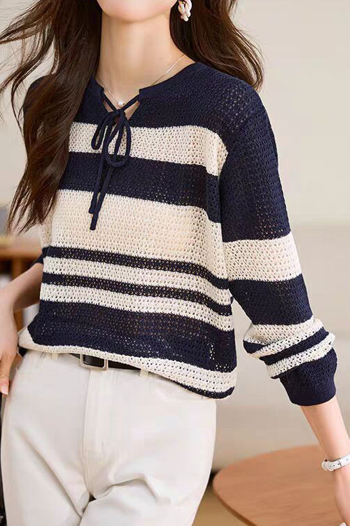 Striped Hollow-Out Knit Sweater