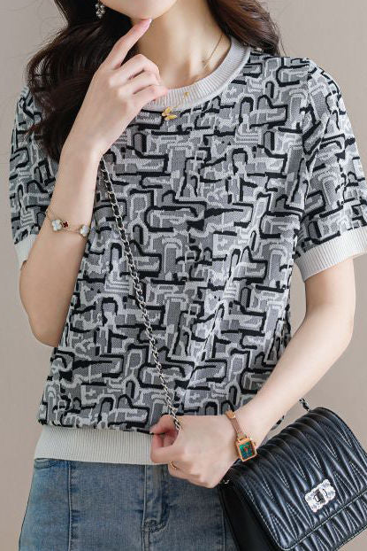 Trendy Jacquard Knit Short-Sleeve T-Shirt