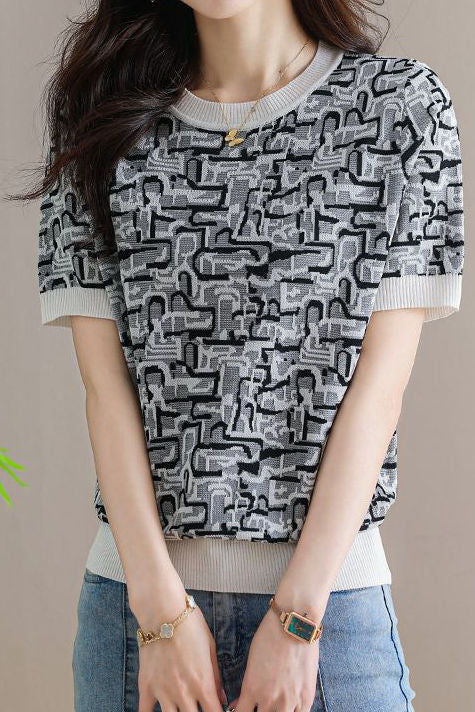 Trendy Jacquard Knit Short-Sleeve T-Shirt