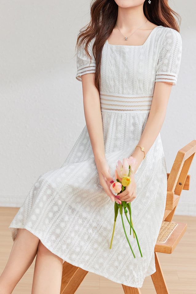 French-style lace hollow square-neck dress