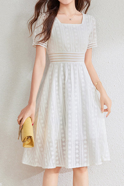 French-style lace hollow square-neck dress
