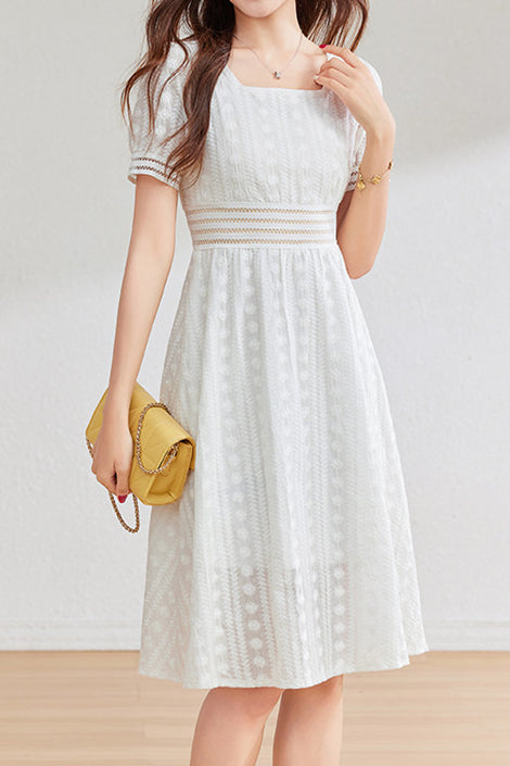 French-style lace hollow square-neck dress