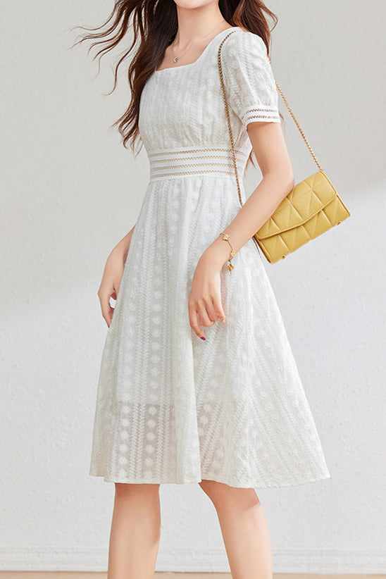 French-style lace hollow square-neck dress