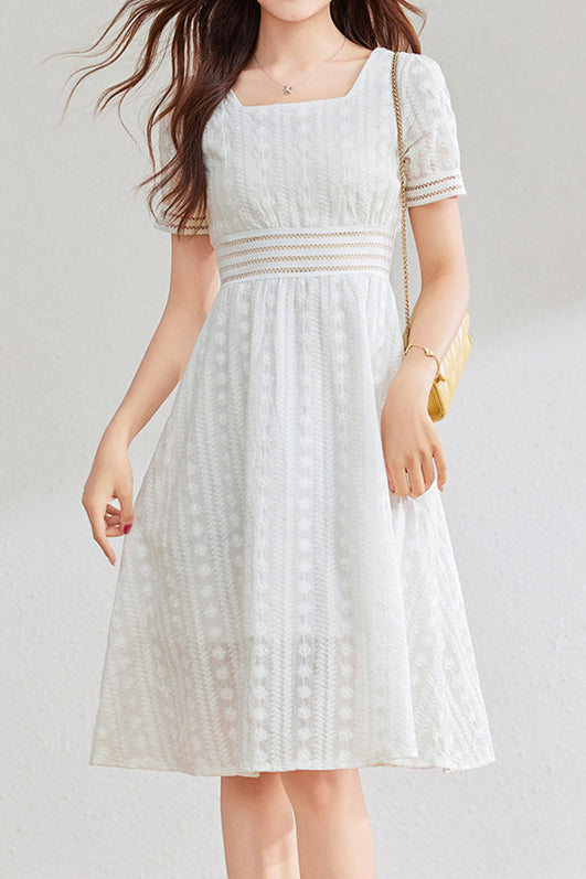 French-style lace hollow square-neck dress