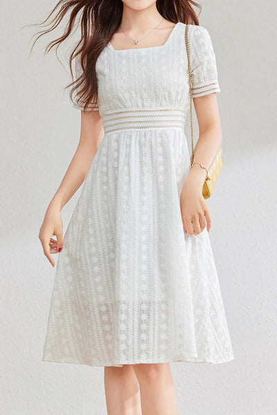 French-style lace hollow square-neck dress