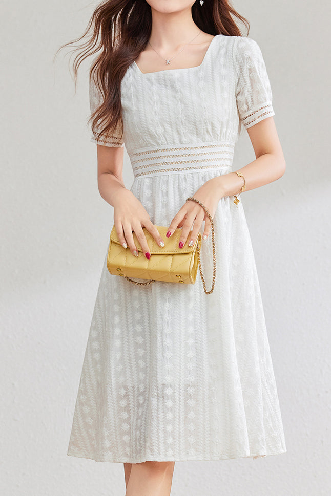 French-style lace hollow square-neck dress