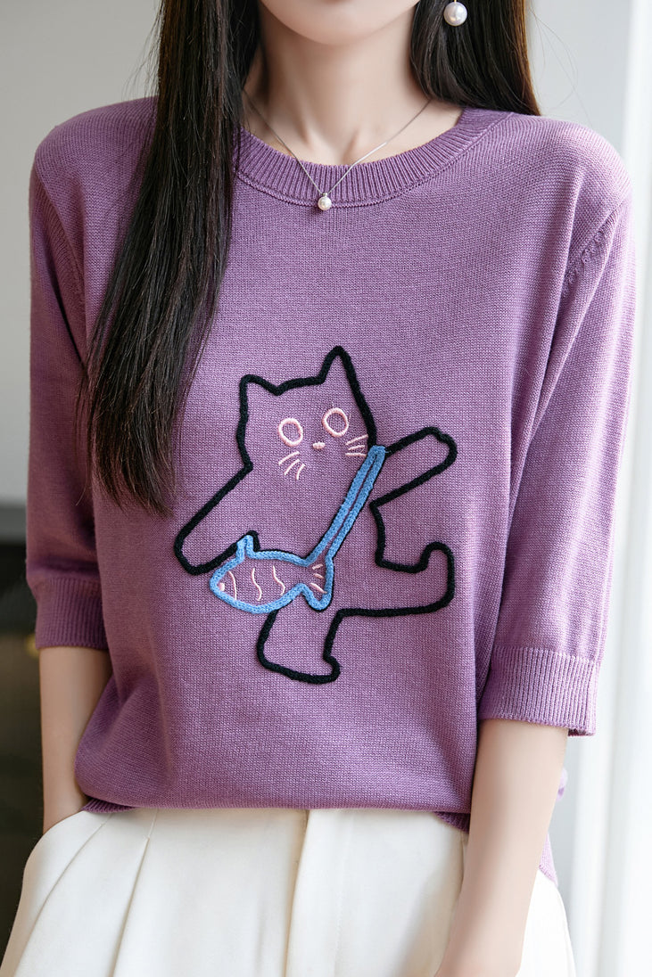 Minimalist Cat Embroidery Short Sleeve Knit Top