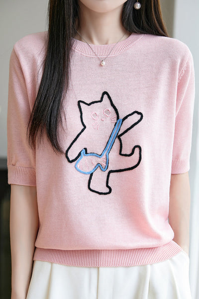 Minimalist Cat Embroidery Short Sleeve Knit Top