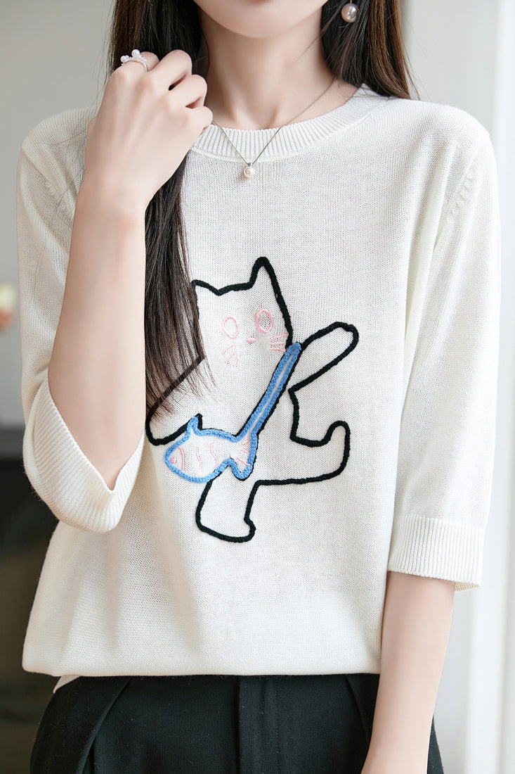 Minimalist Cat Embroidery Short Sleeve Knit Top
