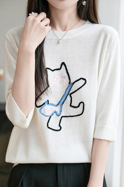 Minimalist Cat Embroidery Short Sleeve Knit Top