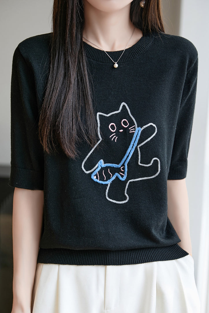 Minimalist Cat Embroidery Short Sleeve Knit Top