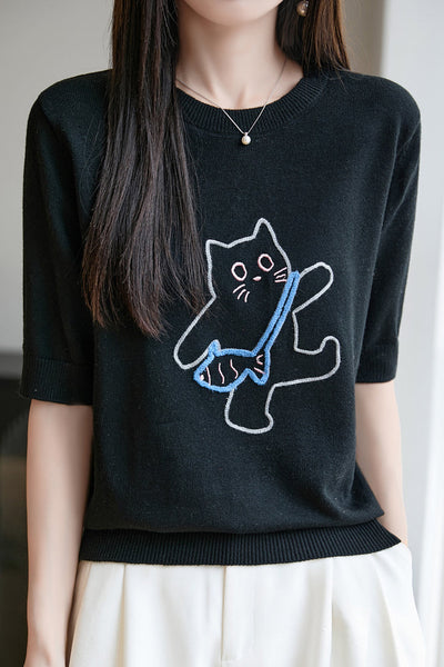 Minimalist Cat Embroidery Short Sleeve Knit Top