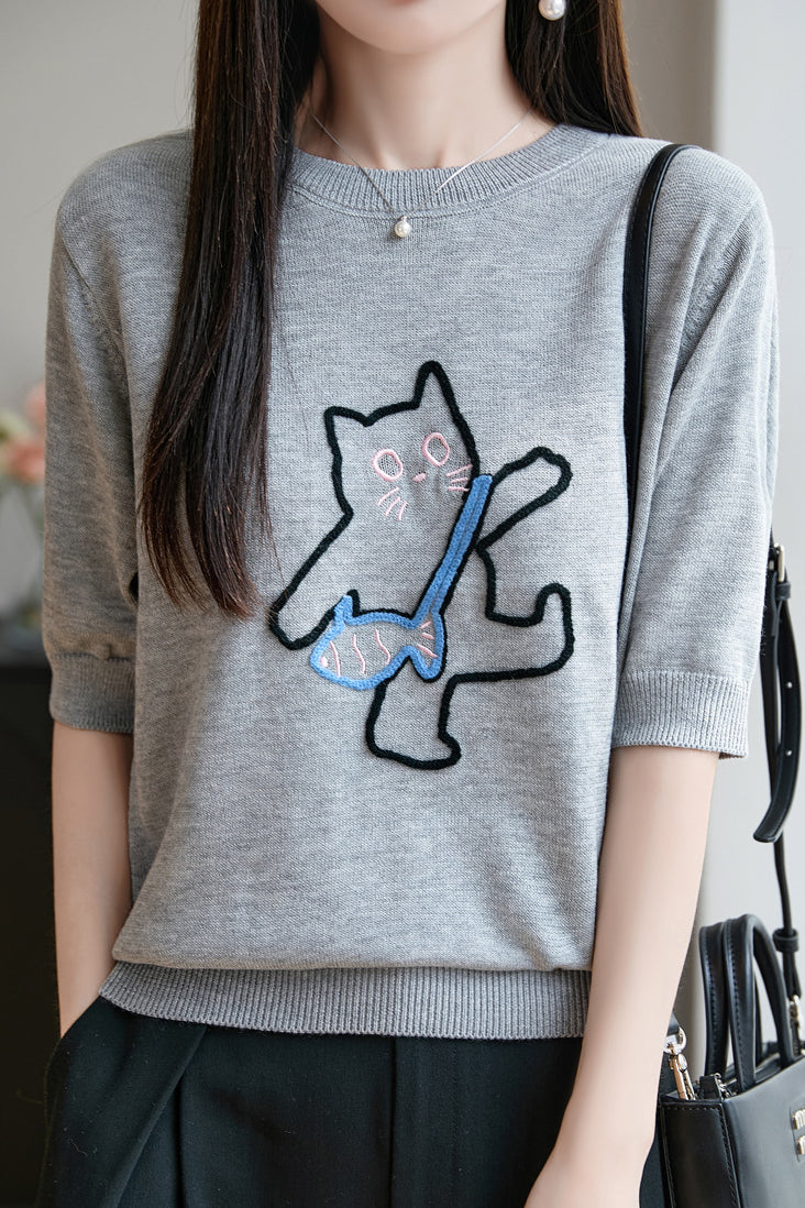 Minimalist Cat Embroidery Short Sleeve Knit Top