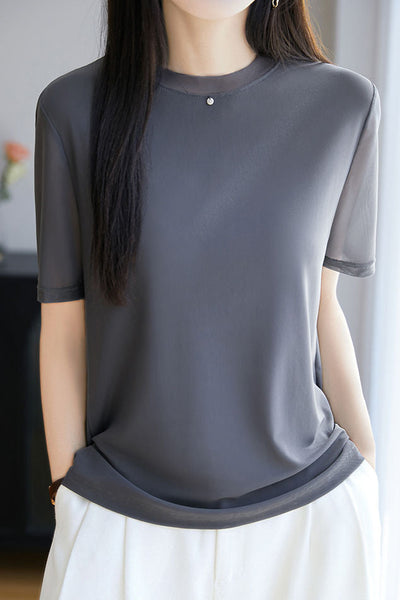 Fashionable Casual Crew Neck Mesh T-shirt