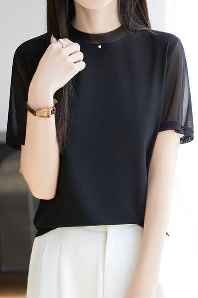 Fashionable Casual Crew Neck Mesh T-shirt