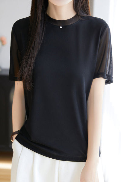 Fashionable Casual Crew Neck Mesh T-shirt