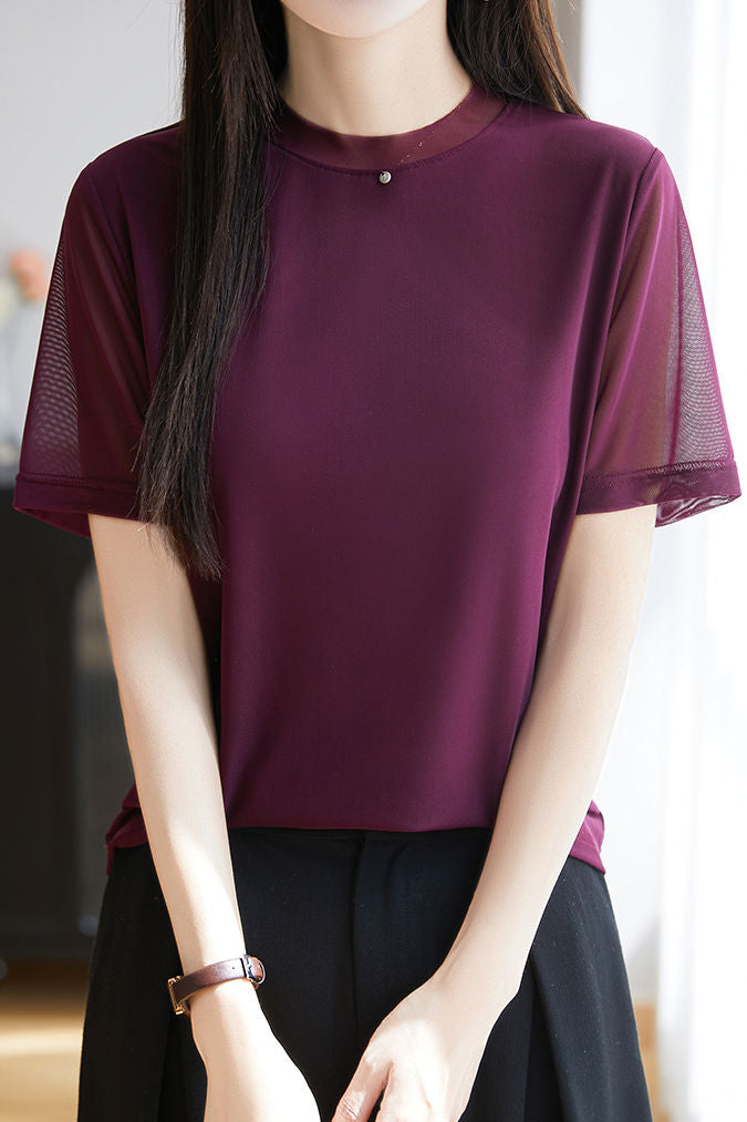 Fashionable Casual Crew Neck Mesh T-shirt