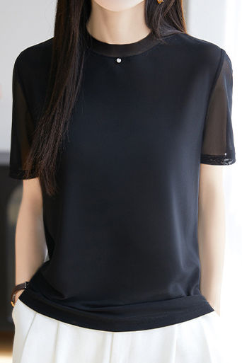 Fashionable Casual Crew Neck Mesh T-shirt