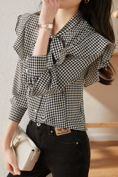 Stylish Houndstooth Ruffled Shirt