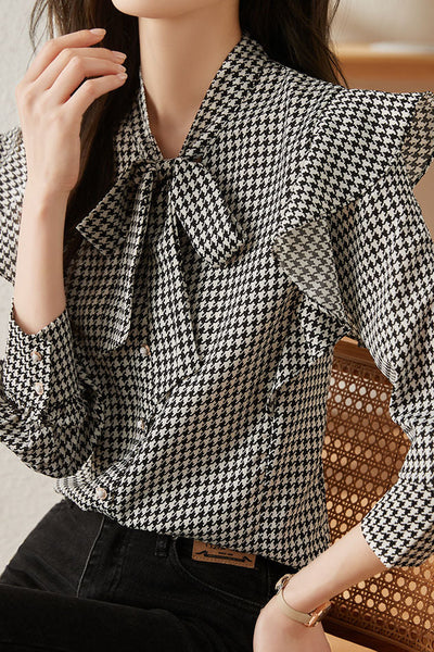 Stylish Houndstooth Ruffled Shirt