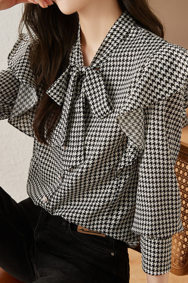 Stylish Houndstooth Ruffled Shirt