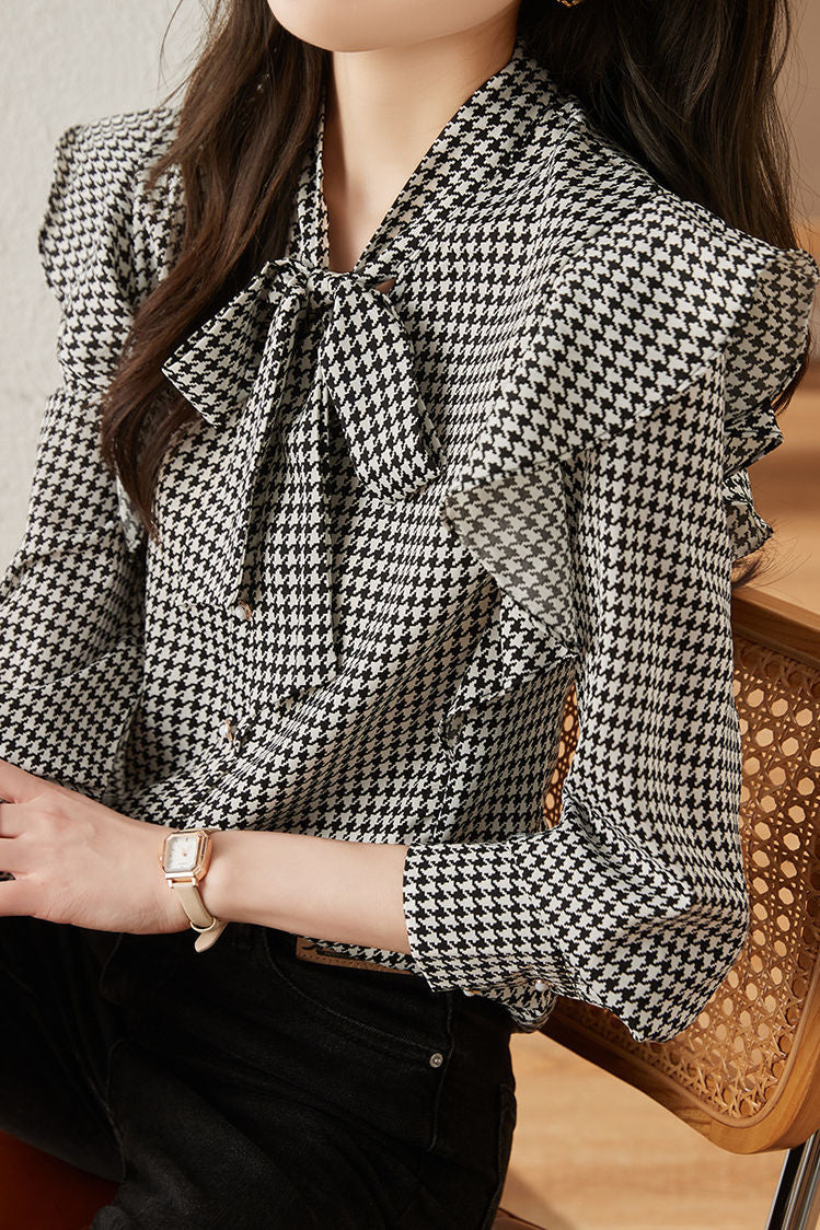 Stylish Houndstooth Ruffled Shirt