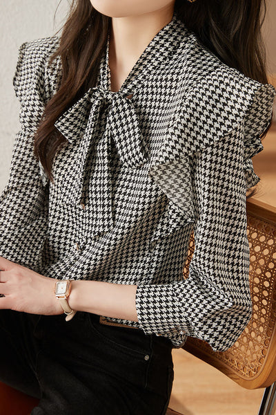 Stylish Houndstooth Ruffled Shirt