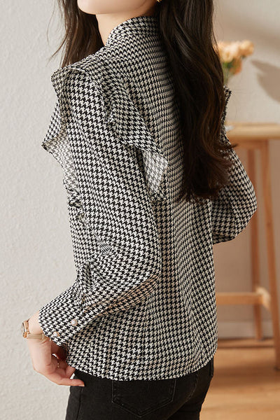 Stylish Houndstooth Ruffled Shirt