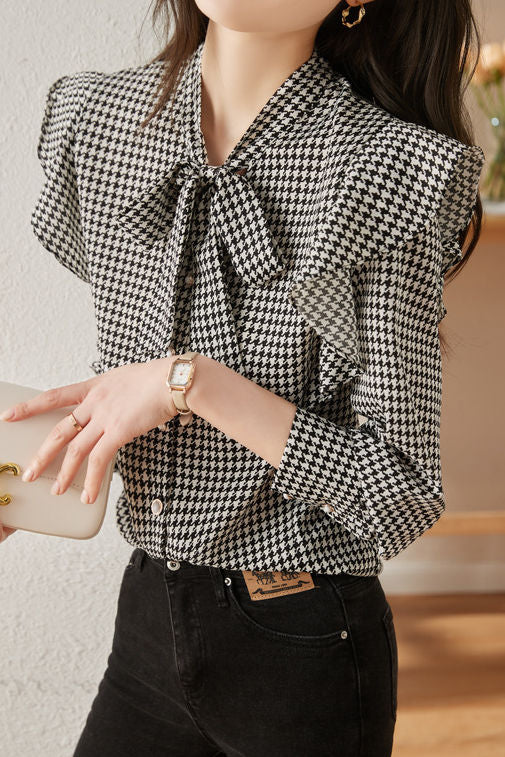 Stylish Houndstooth Ruffled Shirt