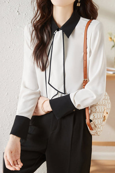 Elegant Office Ribbon Color-block Shirt