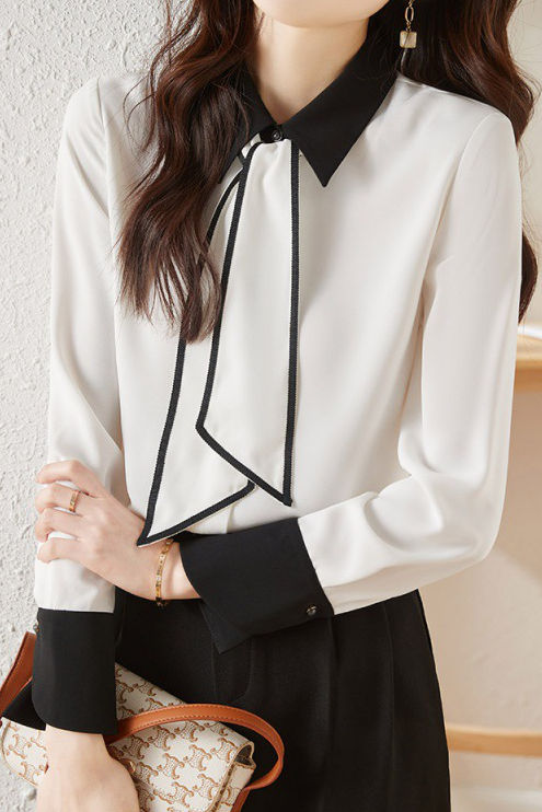 Elegant Office Ribbon Color-block Shirt