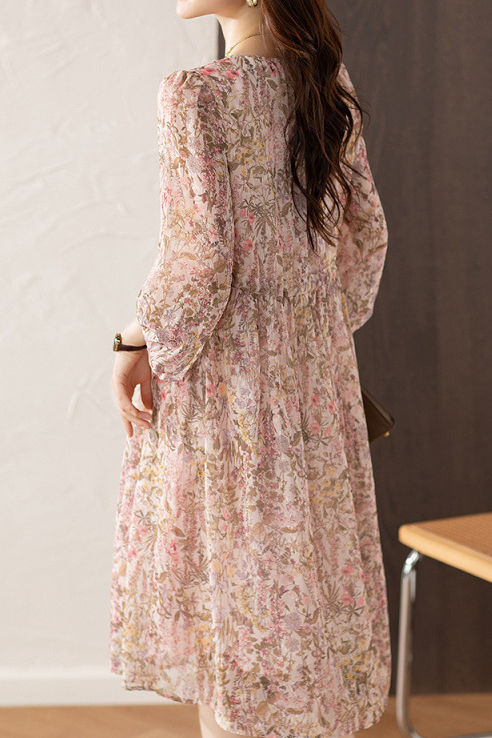 Elegant Floral Print Short-Sleeve (5/8 Length) Dress