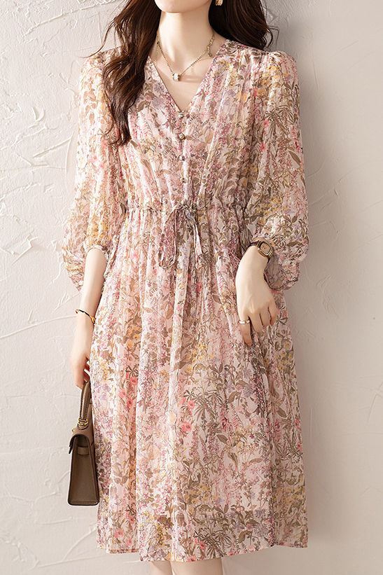 Elegant Floral Print Short-Sleeve (5/8 Length) Dress
