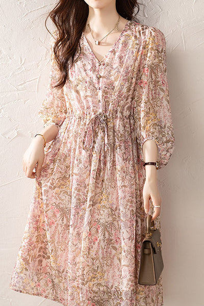Elegant Floral Print Short-Sleeve (5/8 Length) Dress